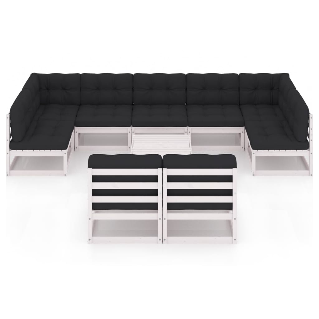 10-tlg. Garten-Lounge-Set mit Kissen Weiss Kiefer Massivholz